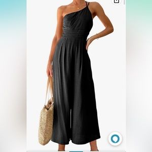 ANRABESS LINEN JUMPSUIT Black jumper pants pockets elasticized back one Strap S